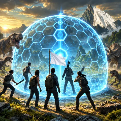 Survivors inside a glowing shield dome with a white flag